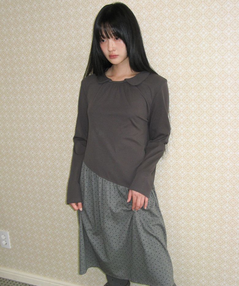 DOT SHIRRING UNBALANCE DRESS CHARCOAL