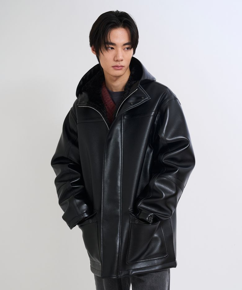 Faux Leather Shearling Field Parka Black