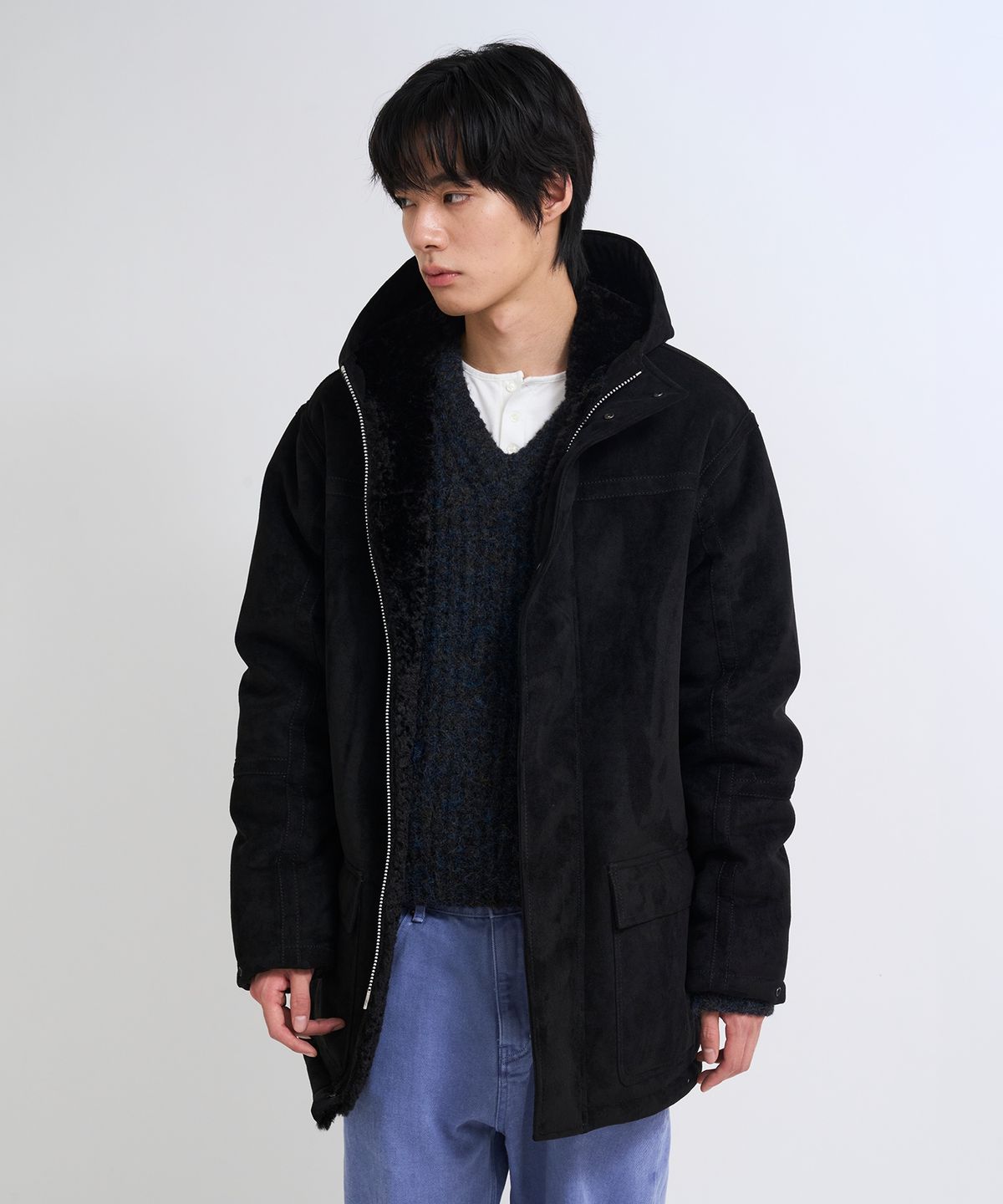 더씽인데어데어(THE THING IN THEIR THERE) Faux Suede Shearling Field Parka Black