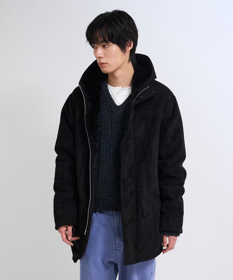 Faux Suede Shearling Field Parka Black