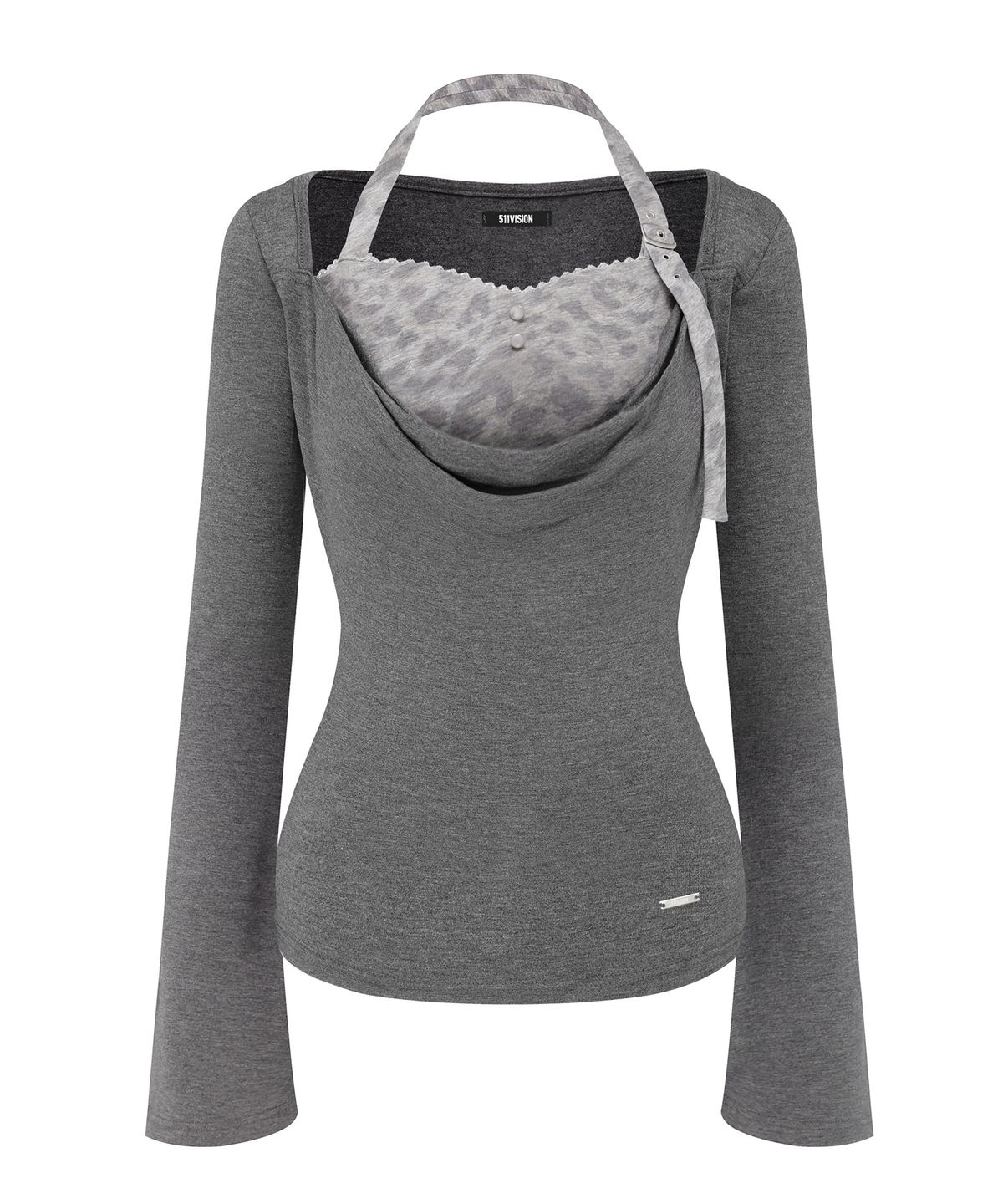 511비전(511VISION) TANNY BUCKLE HALTER DRAPE TOP , LEOPARD-GRAY