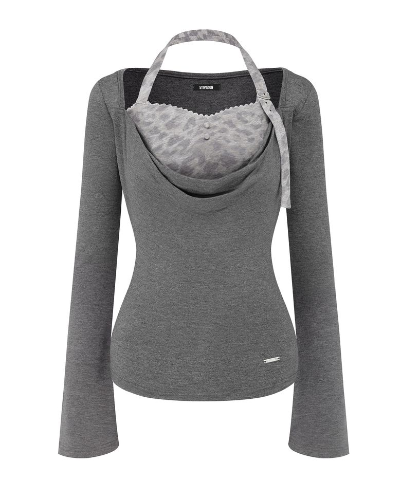 TANNY BUCKLE HALTER DRAPE TOP , LEOPARD-GRAY