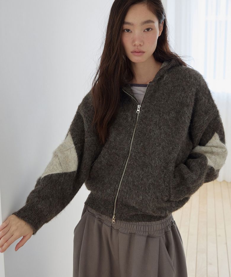 Argyle Knit Hooded Zip-Up Brown