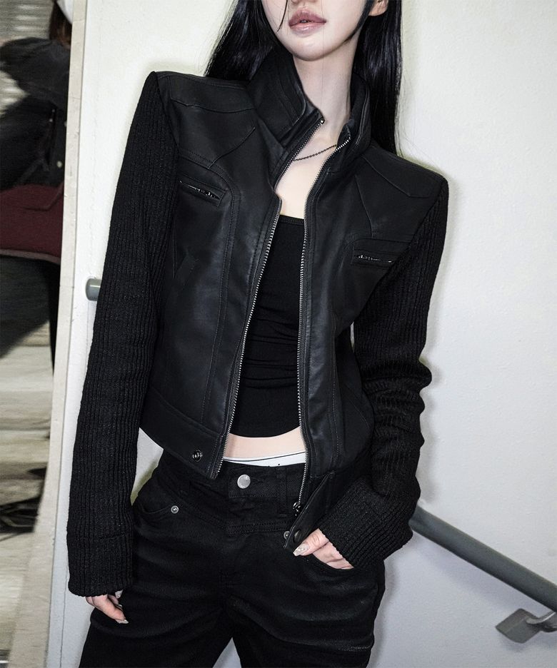 KNIT-SLEEVE MATTE LEATHER JACKET , BLACK