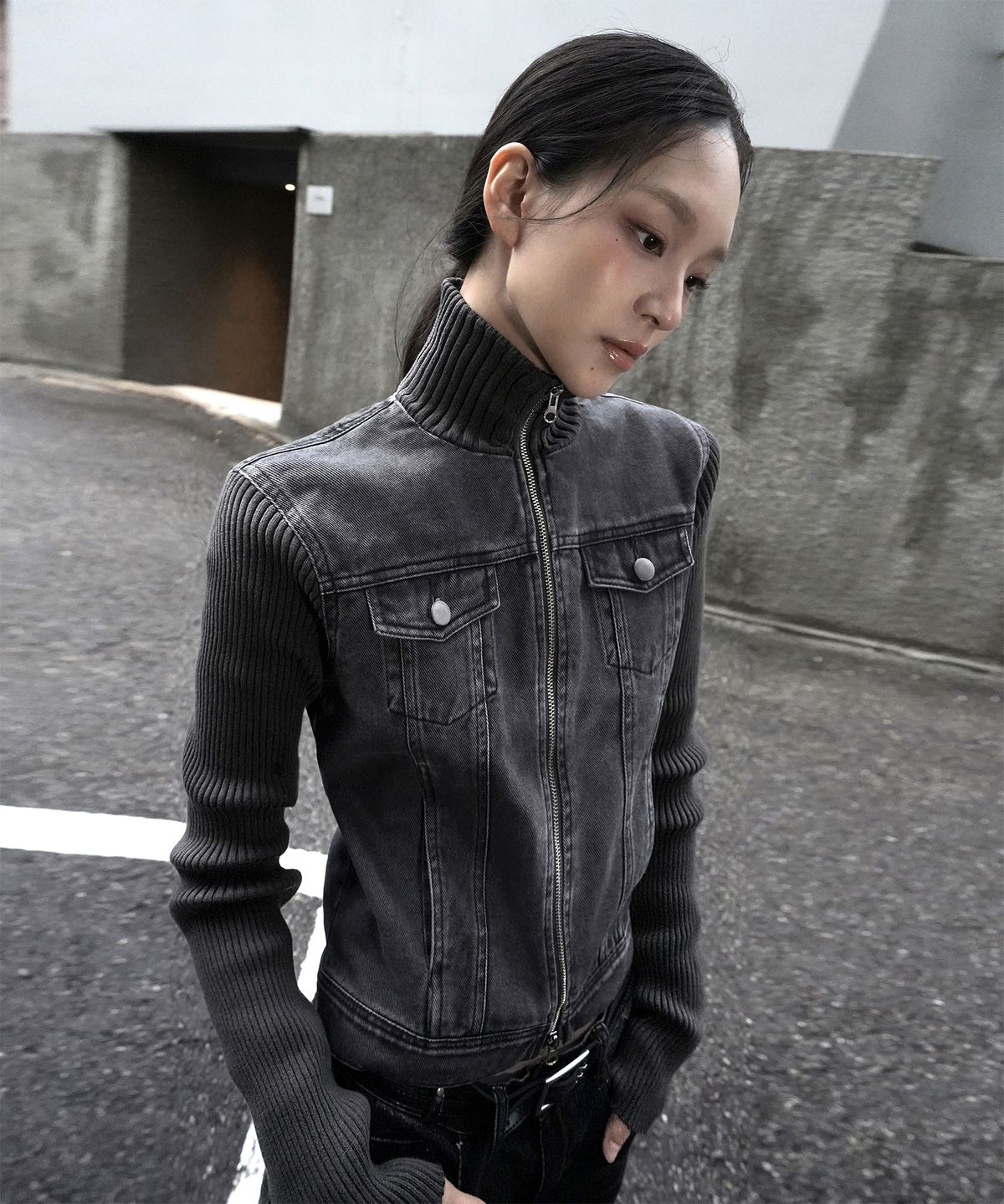하츠코시(HATSUKOSHI) KNIT-SLEEVE WASHED JACKET , CHARCOAL