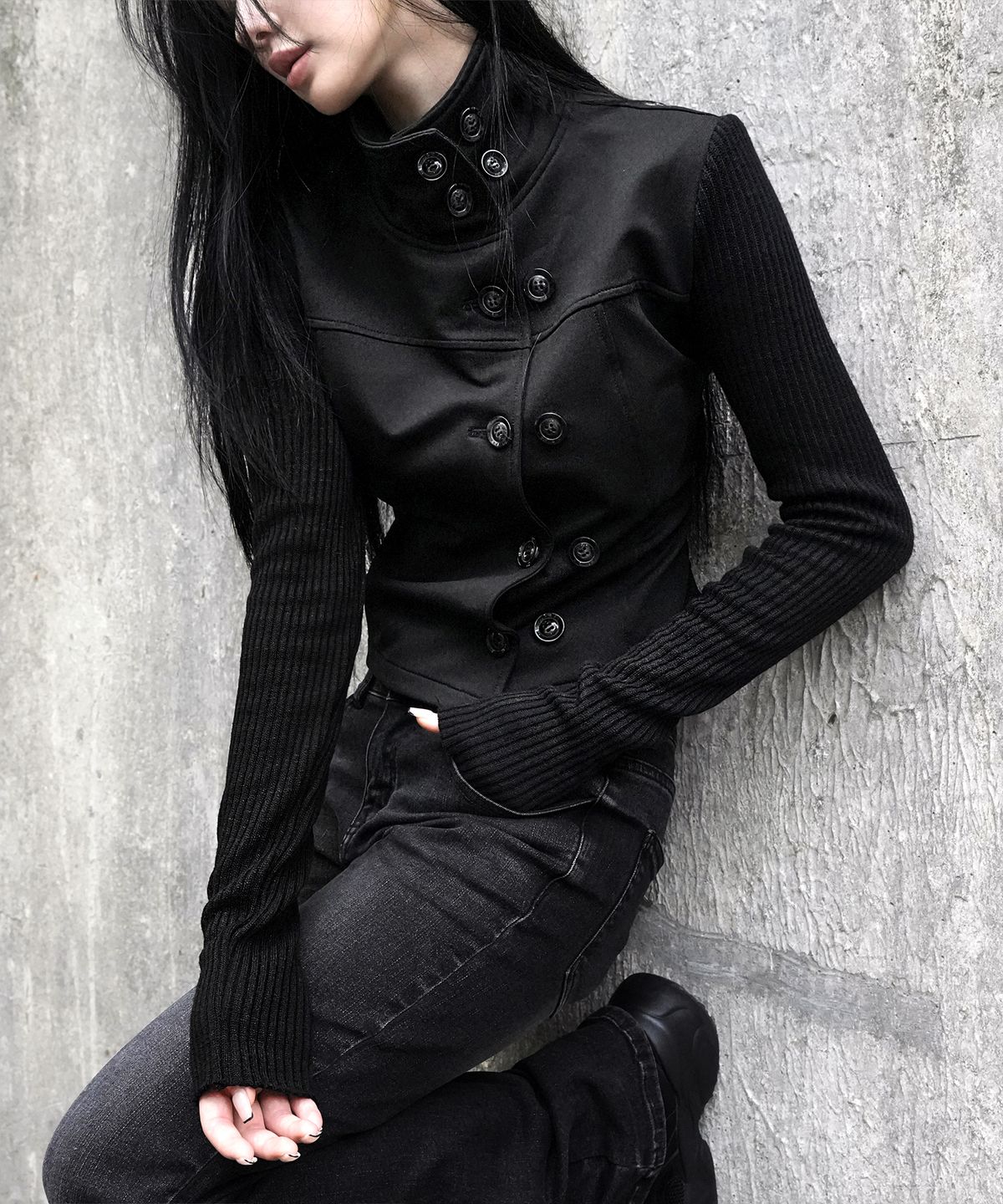 하츠코시(HATSUKOSHI) COAT TOP KNIT SLEEVE , BLACK