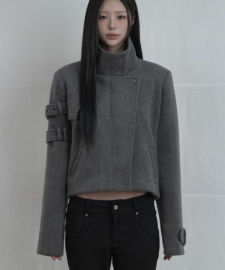 Contrast Panel Buckle Short Coat (Charcoal)