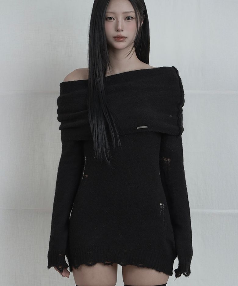 Drape One-Shoulder  Knit One-Piece (Black)