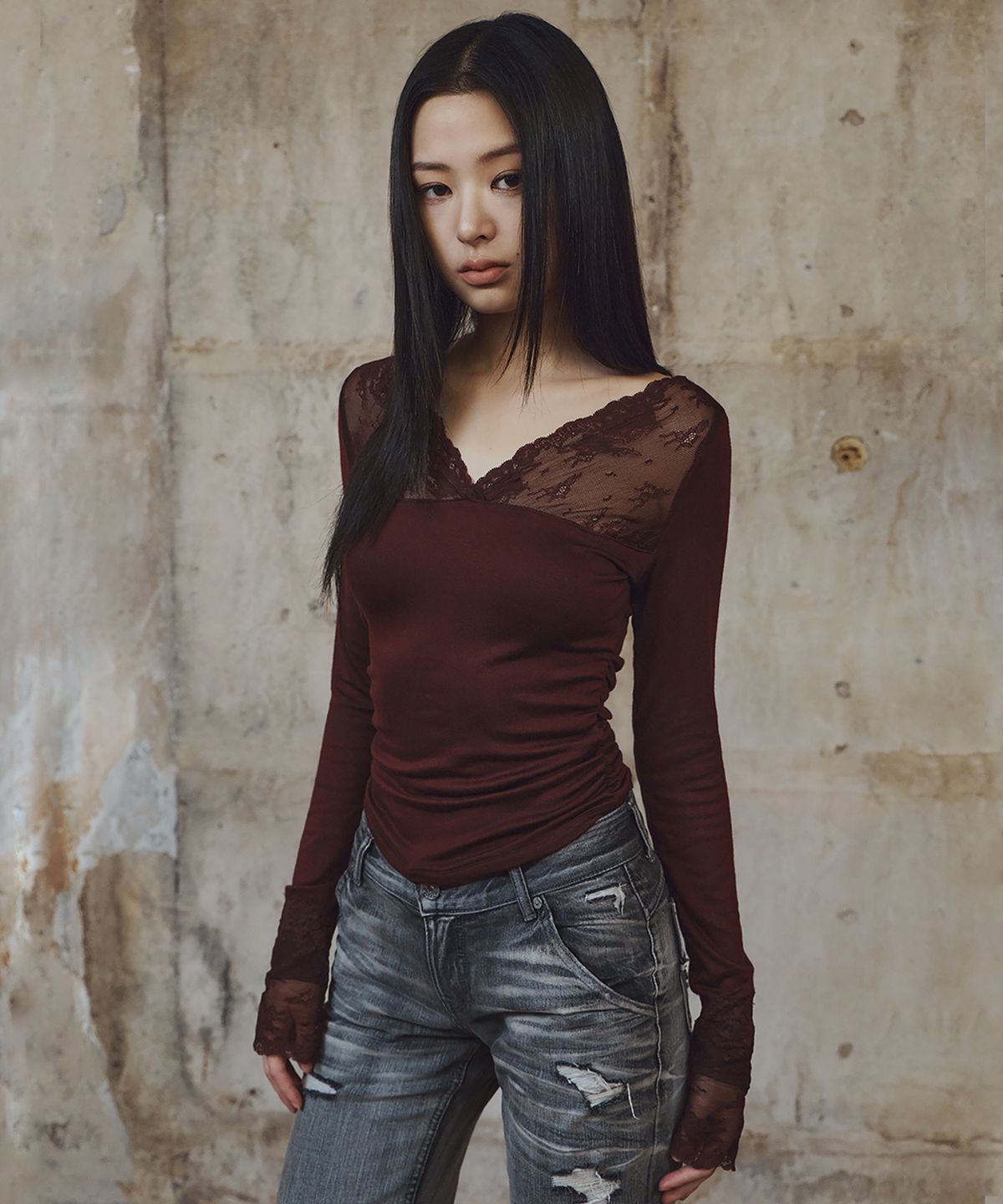 플리즈노팔로우(PLEASENOFOLLOW) Hyla Lace Long Sleeve Top (Wine)