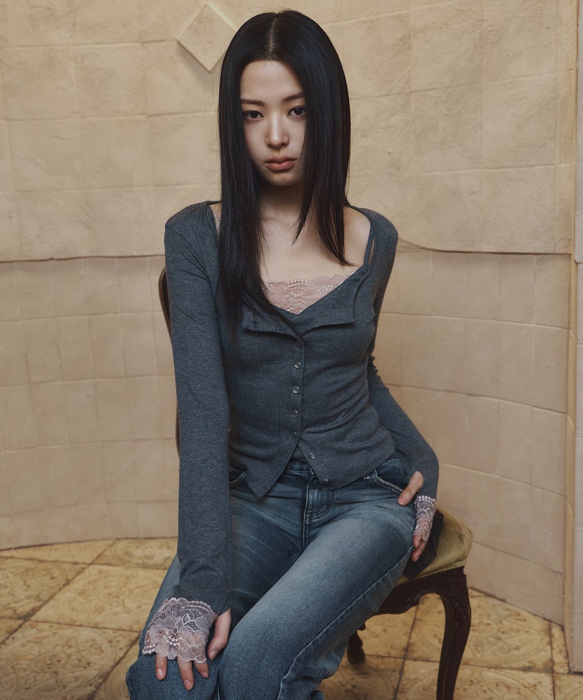 플리즈노팔로우(PLEASENOFOLLOW) Rizz Lace Button Cardigan (Melange Charcoal)