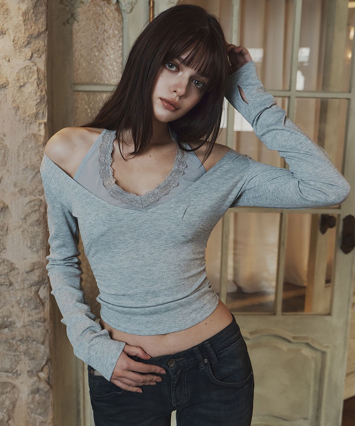 플리즈노팔로우(PLEASENOFOLLOW) Amelia Lace Halter Long Sleeve Top (Melange Grey)