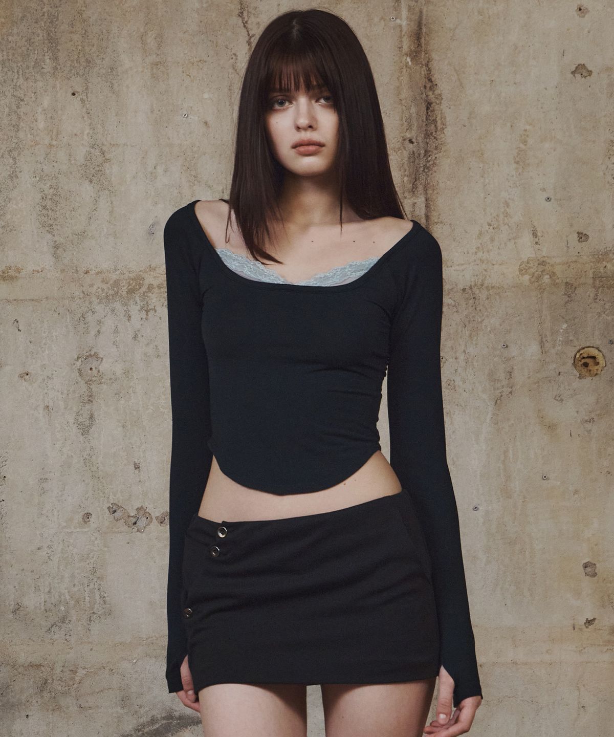 플리즈노팔로우(PLEASENOFOLLOW) Mandy Lace Layered Long Sleeve Top (Black)