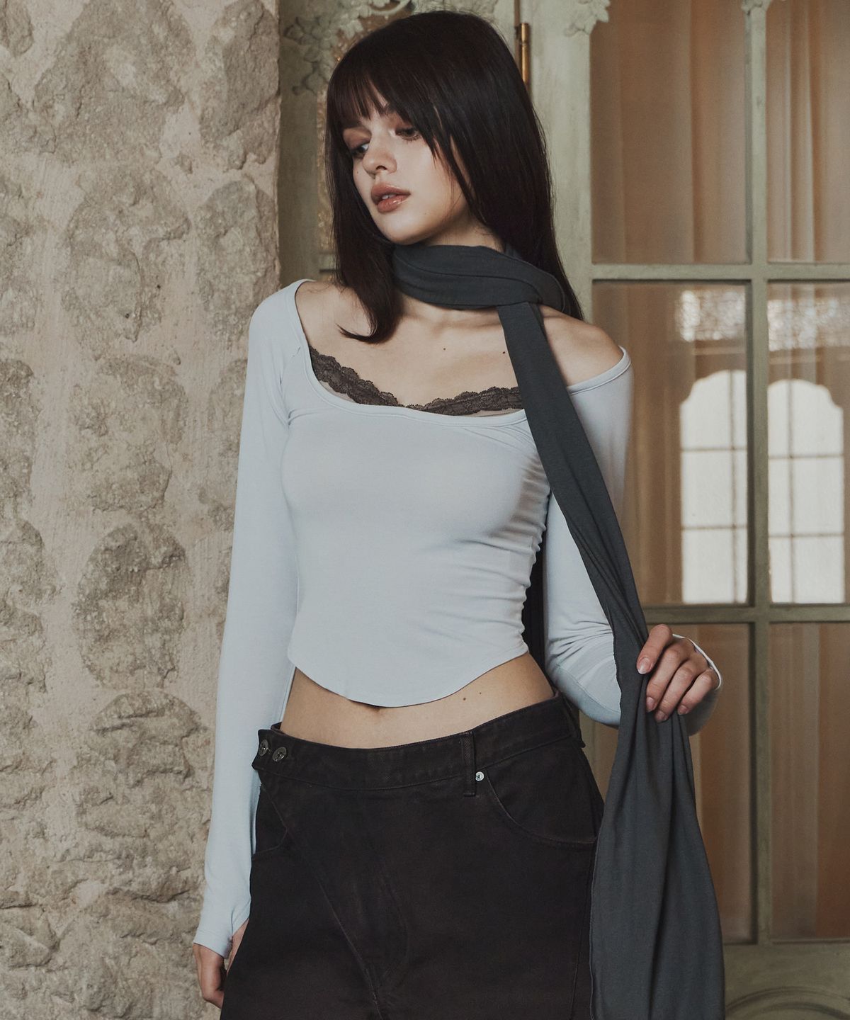플리즈노팔로우(PLEASENOFOLLOW) Mandy Lace Layered Long Sleeve Top (Light Grey)