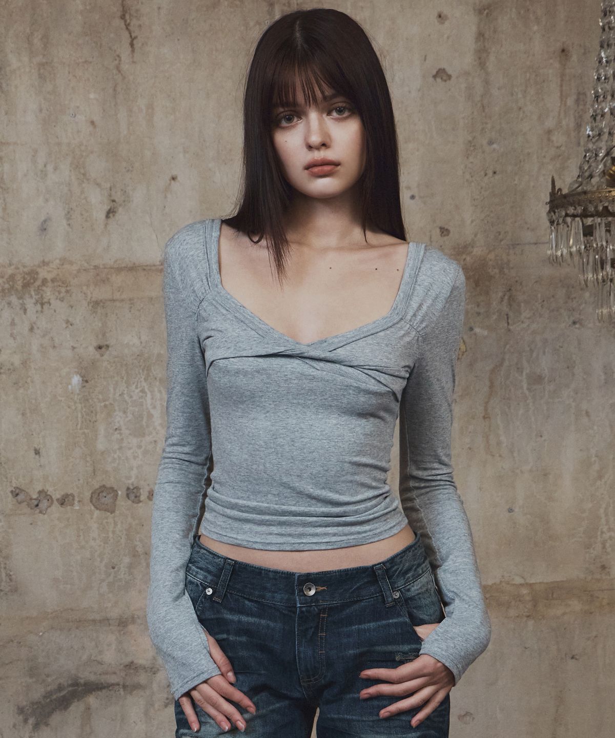 플리즈노팔로우(PLEASENOFOLLOW) Marin Strap Shirring Long Sleeve Top (Melange Grey)