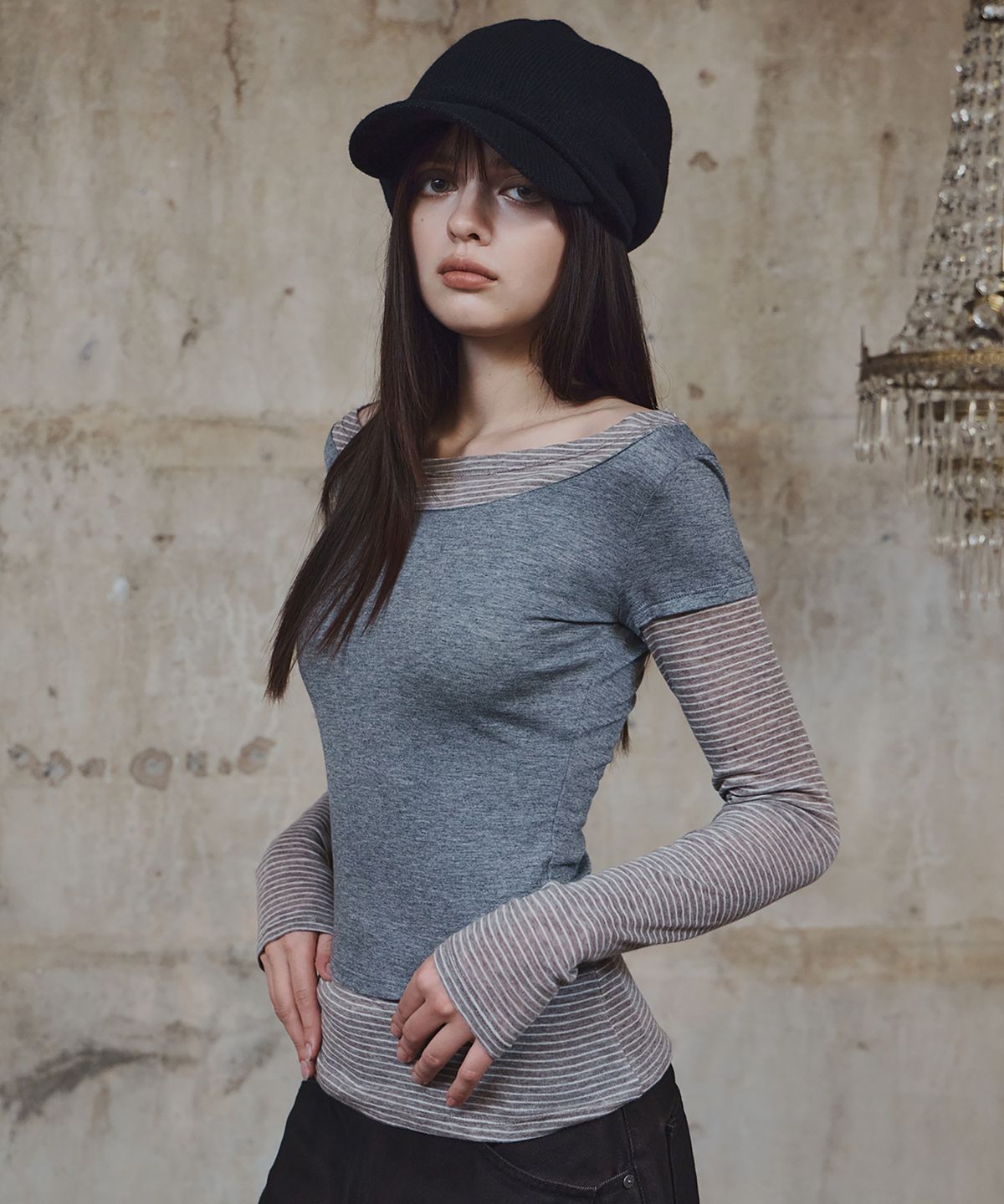 플리즈노팔로우(PLEASENOFOLLOW) Mellow Stripe Layered Long Sleeve Top (Mocha)