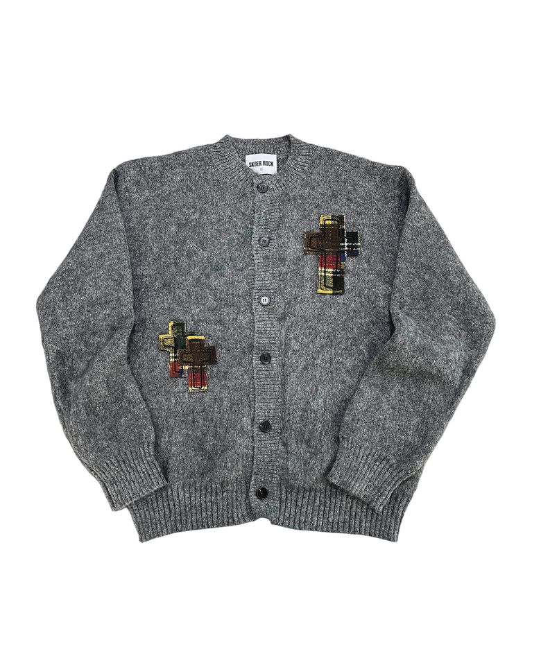 Cross Patch Fuzzy Knit Cardigan (gray)