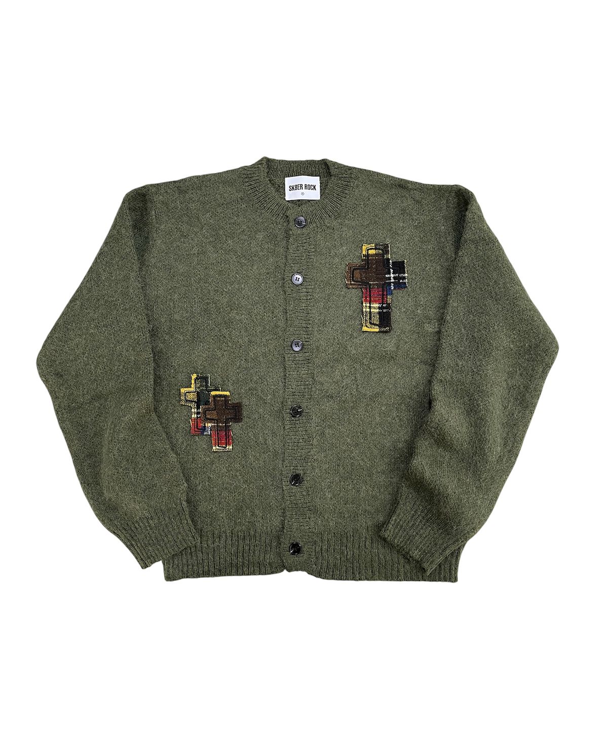 스케이터락(SK8ER ROCK) Cross Patch Fuzzy Knit Cardigan (khaki)