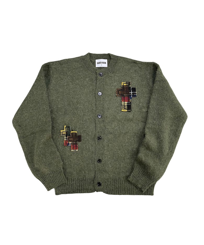 Cross Patch Fuzzy Knit Cardigan (khaki)