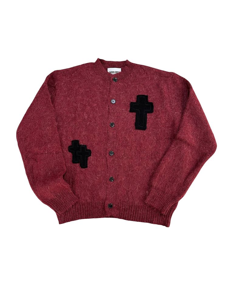 Cross Patch Fuzzy Knit Cardigan (wine)