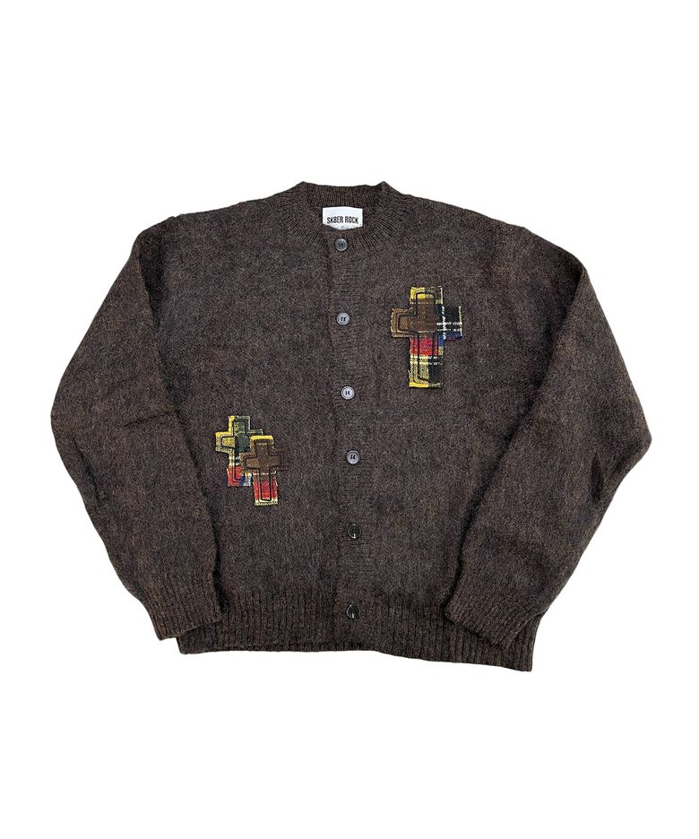 Cross Patch Fuzzy Knit Cardigan (brown)