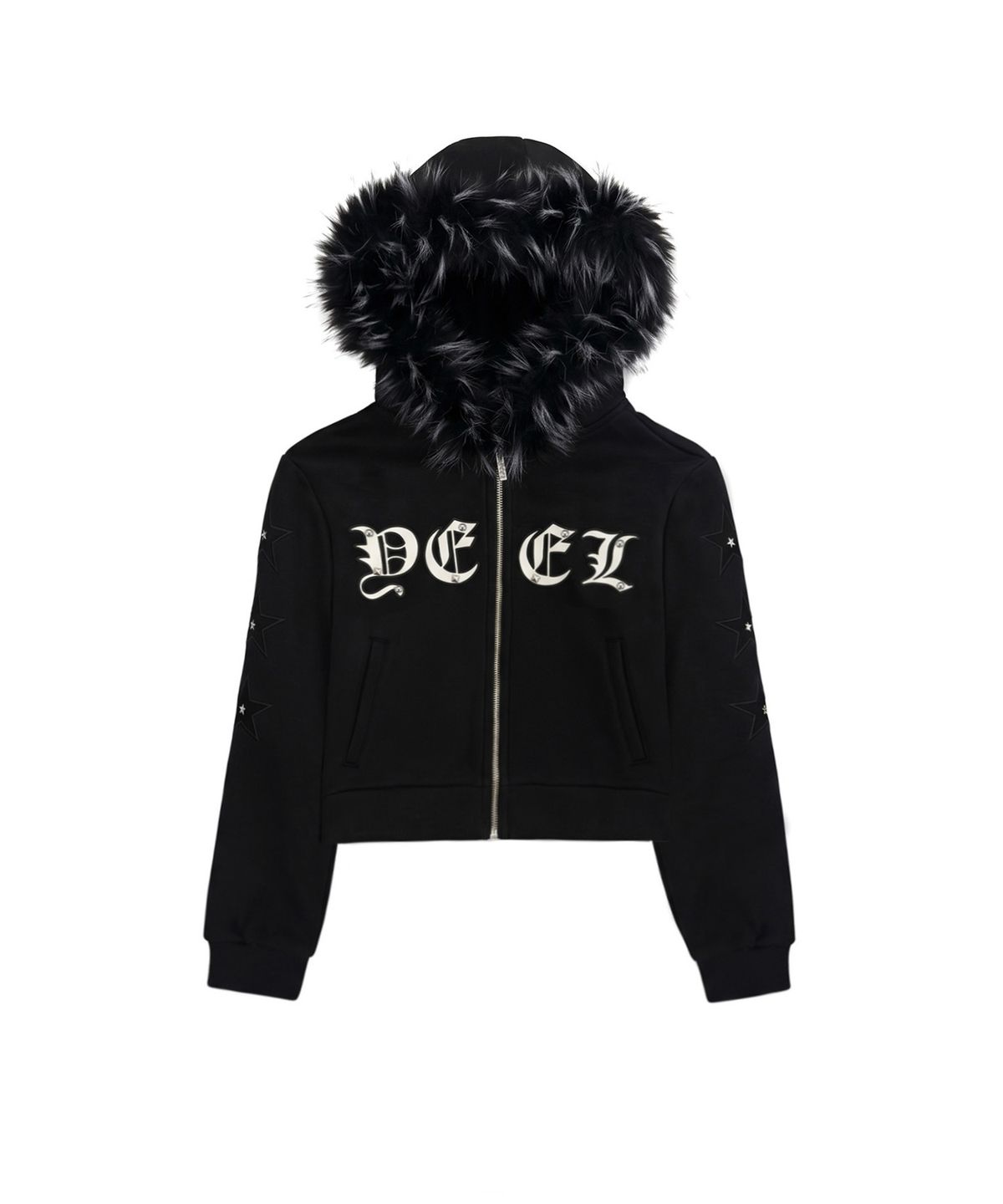 와이이이엘(YEEL) APPLIQUE FUR HOOD SLIM ZIP-UP BLACK