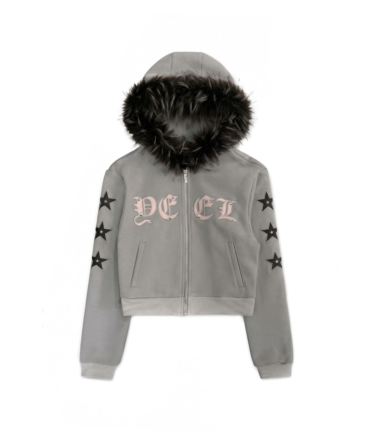 와이이이엘(YEEL) APPLIQUE FUR HOOD SLIM ZIP-UP GREY