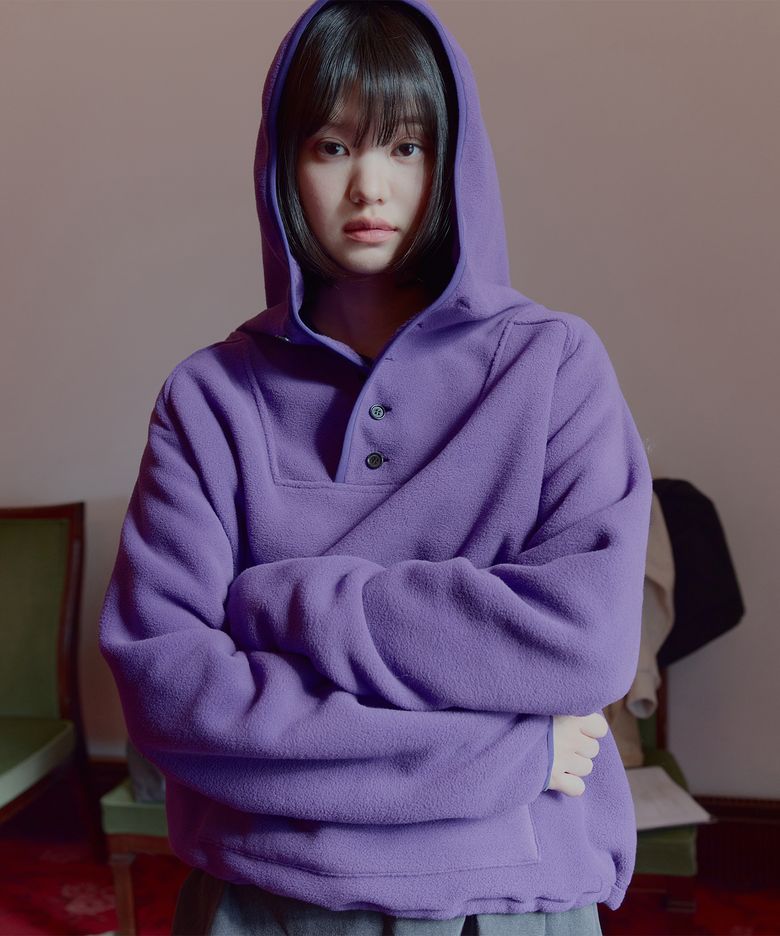 Hooded Button Fleece Anorak - PURPLE