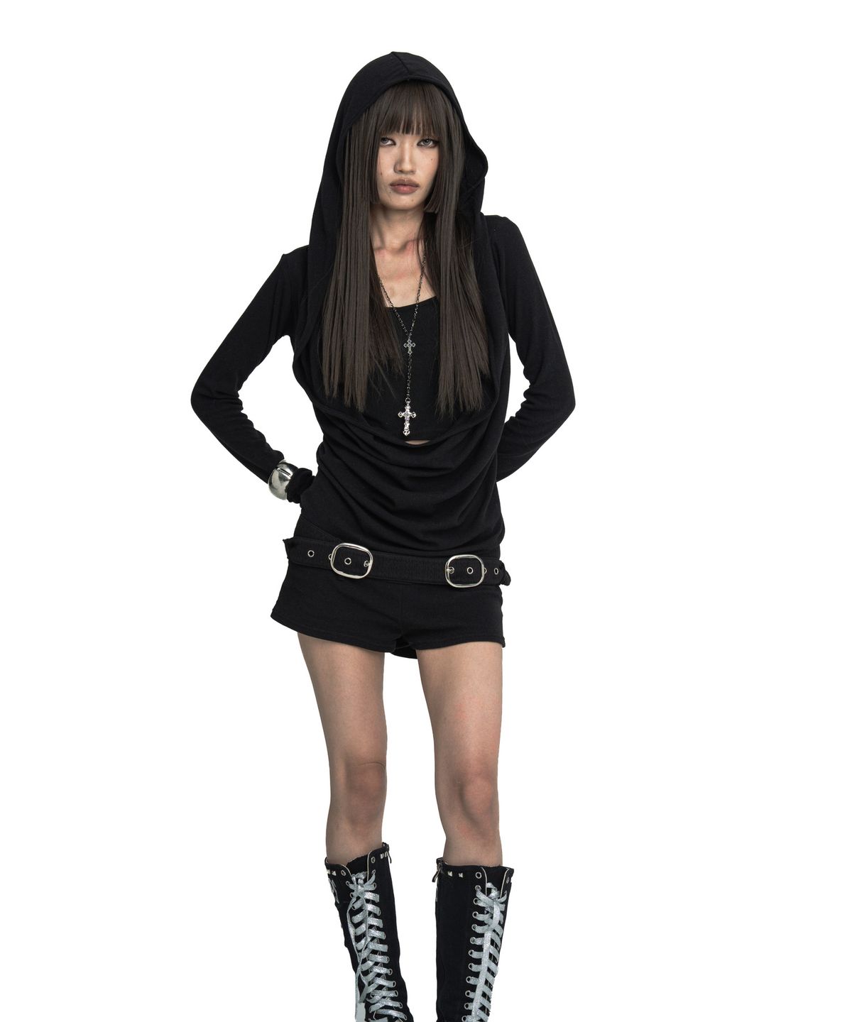 카이야(KAIYA) Cowl Long-Sleeve Romper - black
