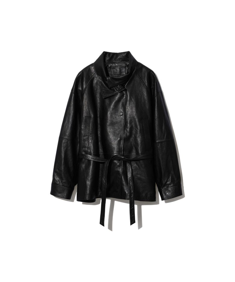 Lamb Leather Belted Half Coat (Black)