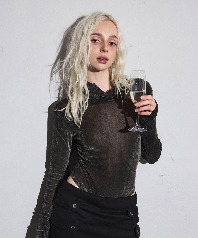 Velvet Button Bodysuit (Charcoal) / 26WTJS001CH