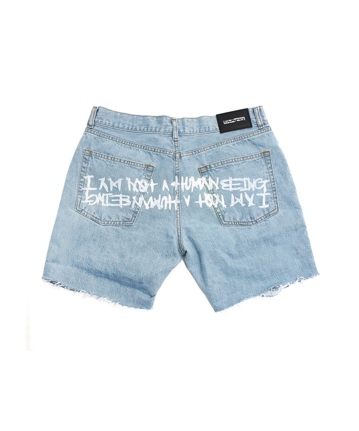 아임낫어휴먼비잉(I AM NOT A HUMAN BEING) Basic Logo Destroyed Denim Shorts - Sky Blue