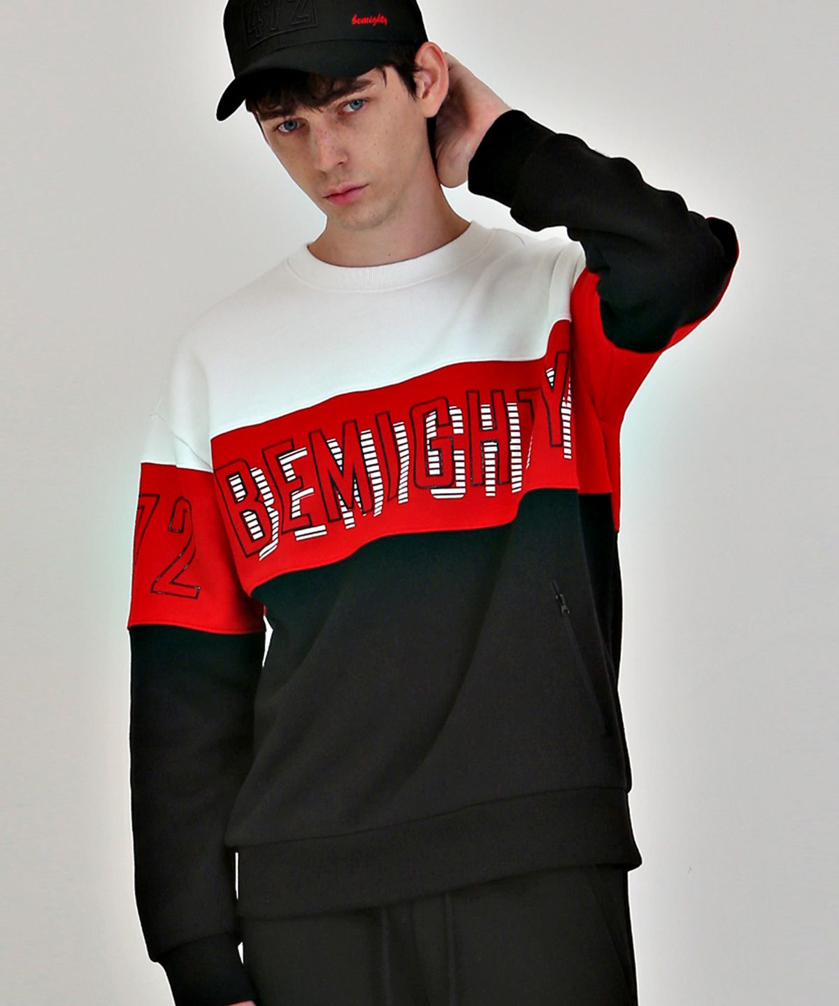 비마이티(BEMIGHTY) 3블록 오버핏 기모 맨투맨 레드