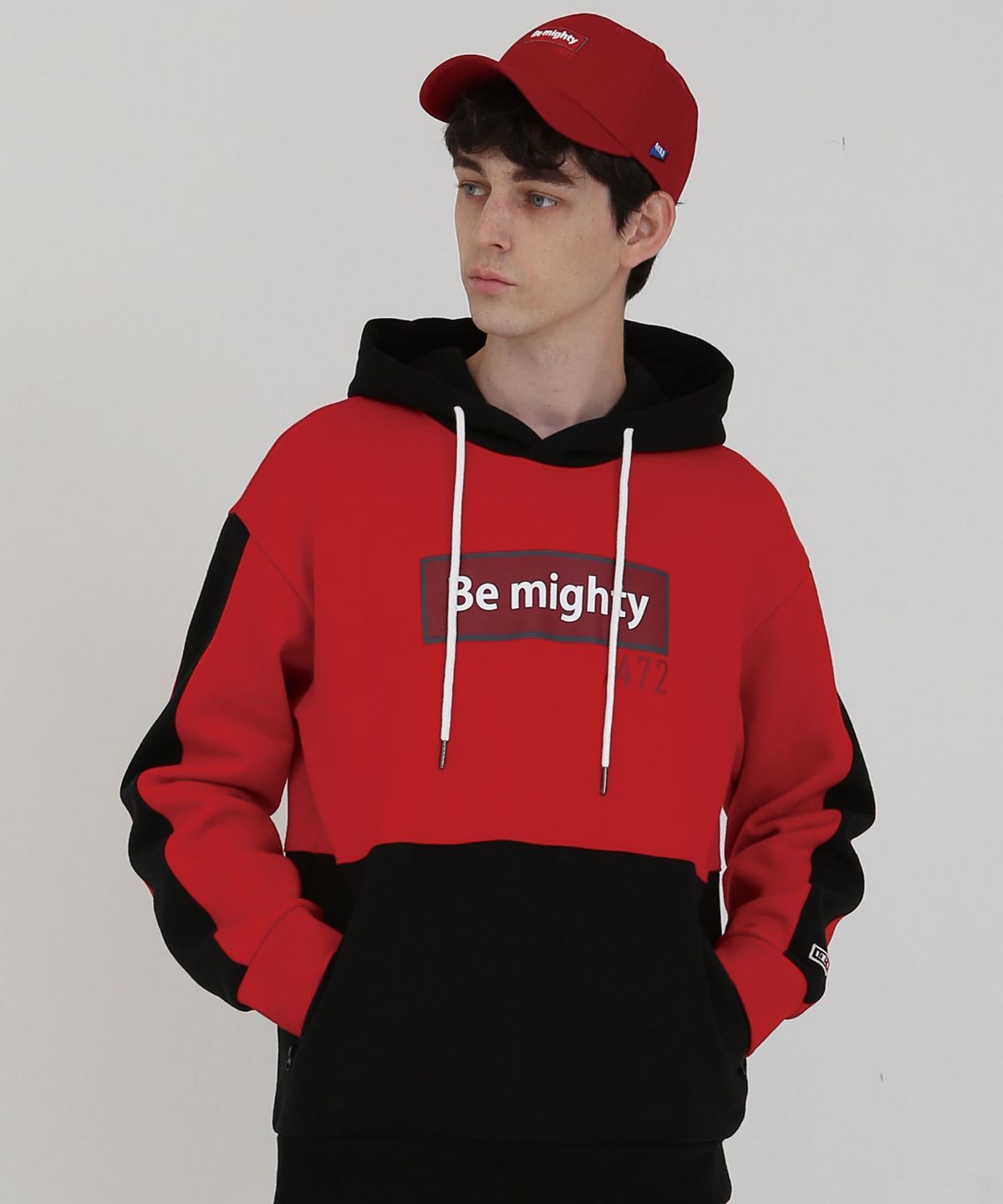 비마이티(BEMIGHTY) 상하절개 오버핏 기모 후드티 레드