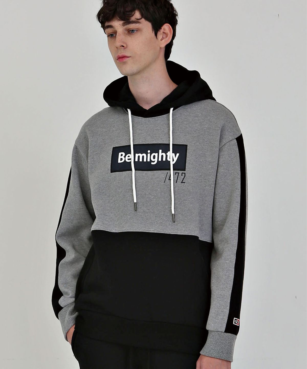 비마이티(BEMIGHTY) 상하절개 오버핏 기모 후드티 그레이