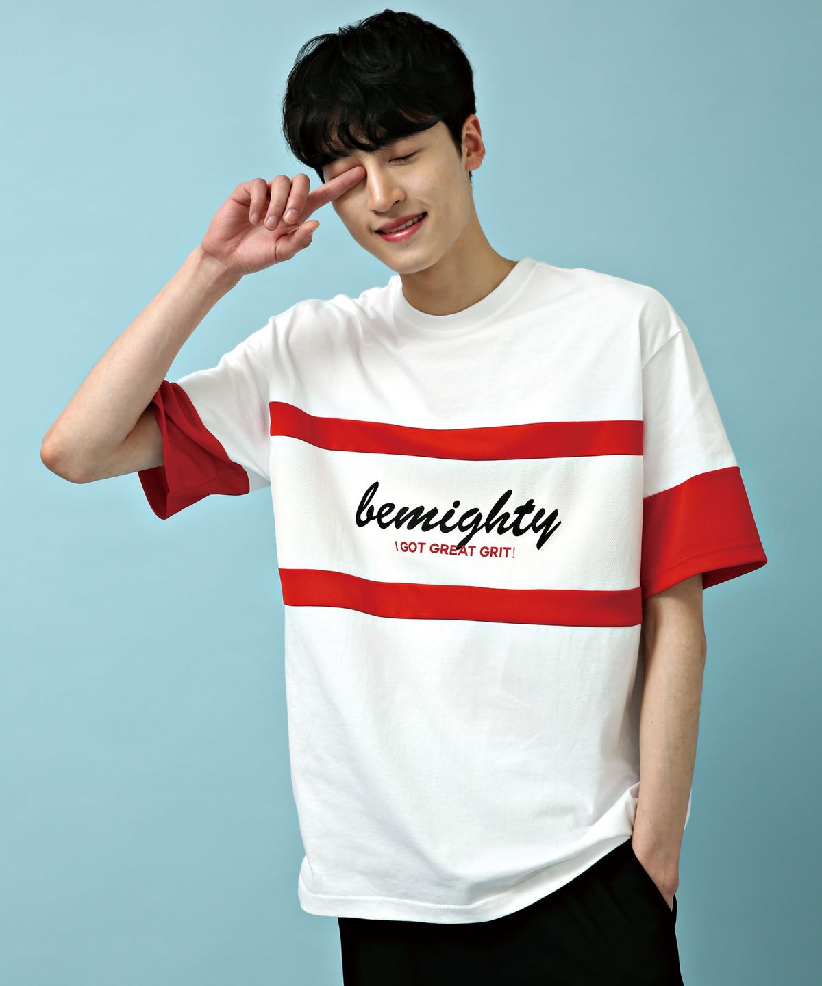 비마이티(BEMIGHTY) 메쉬배색 컬러블록 오버핏 반팔티 화이트