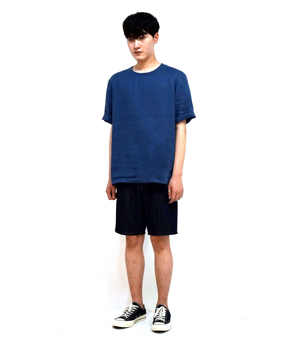 언터치드(UNTOUCHED) 린넨 데님 하프 - 딥인디고