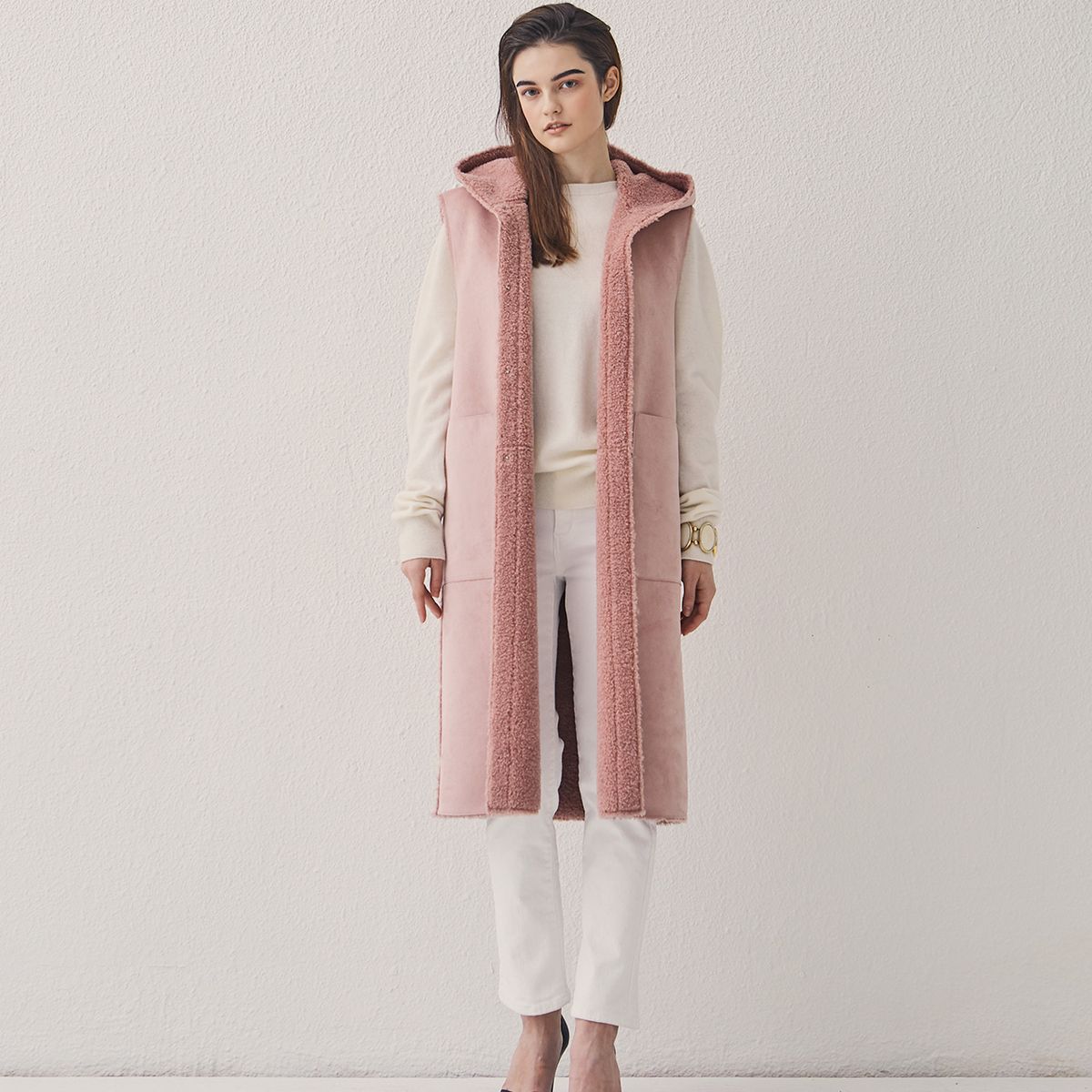 핀블랙(PINBLACK) HOOD REVER MUSTANG LONG VEST PINK