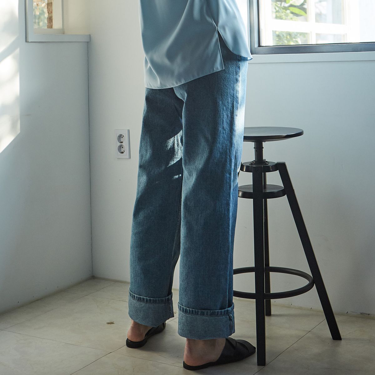 핀블랙(PINBLACK) DENIM ROLL-UP WIDE PANTS BLUE