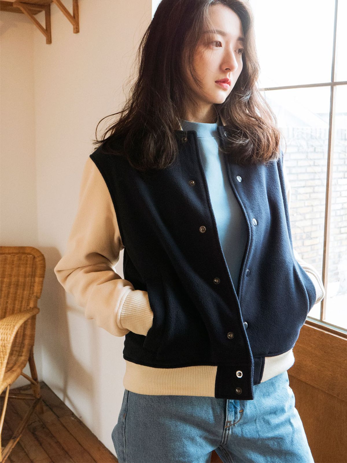 그라인(GRAENN) [리사이클 폴리에스터] 클레식 베이스볼 자켓 네이비