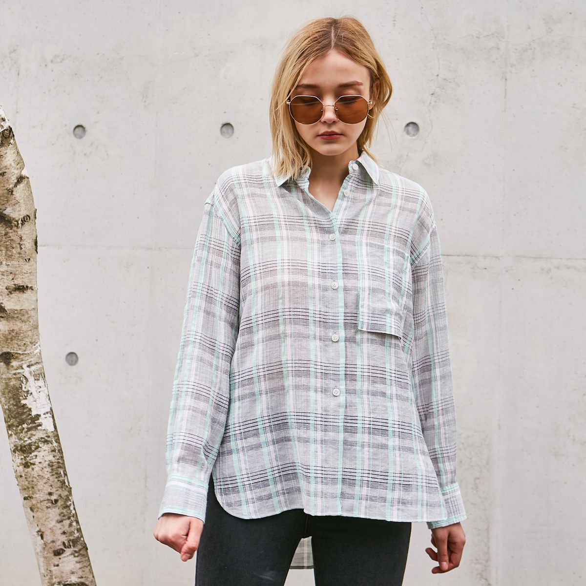 핀블랙(PINBLACK) LINEN CHECK BLOUSE MINT