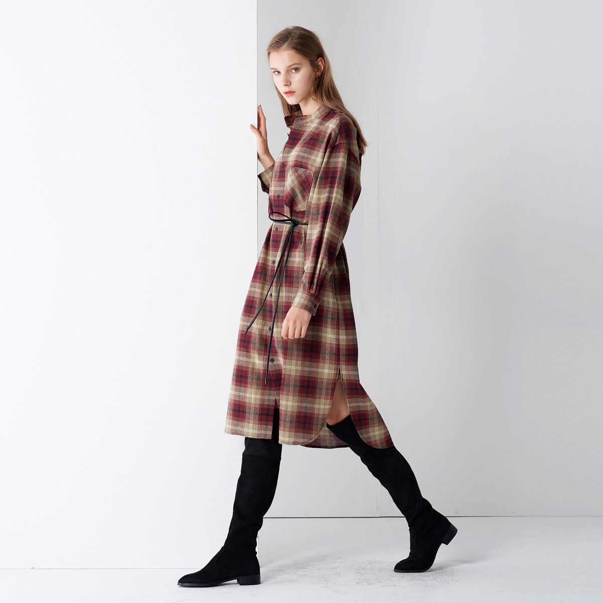 핀블랙(PINBLACK) COTTON CHECK SHIRTS ONE-PIECE WINE
