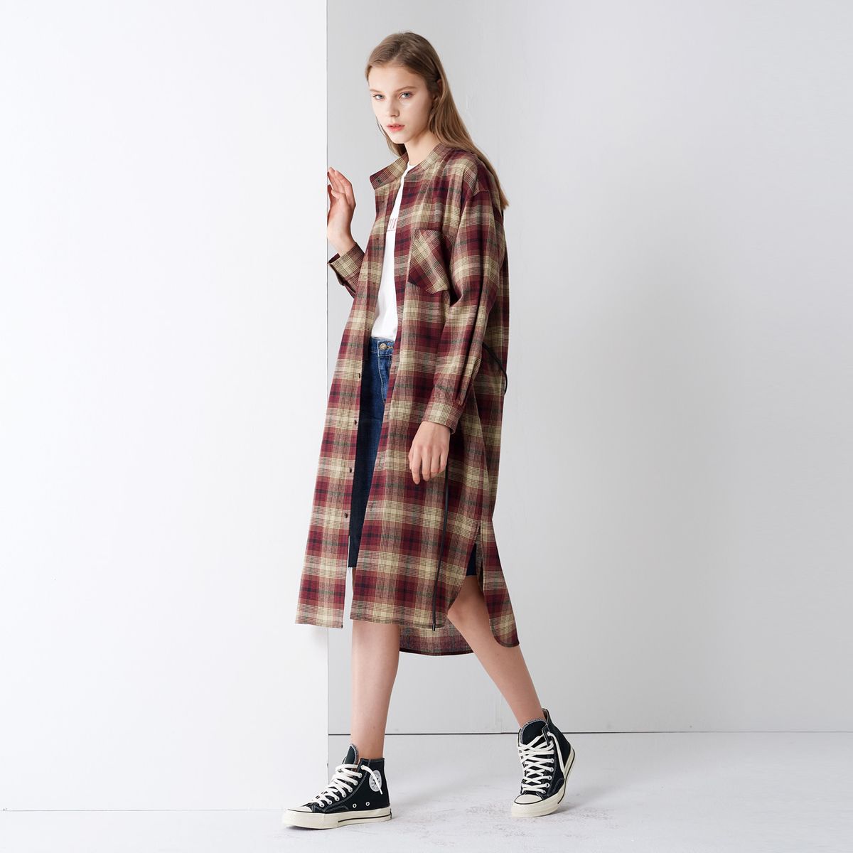 핀블랙(PINBLACK) COTTON CHECK SHIRTS ONE-PIECE WINE