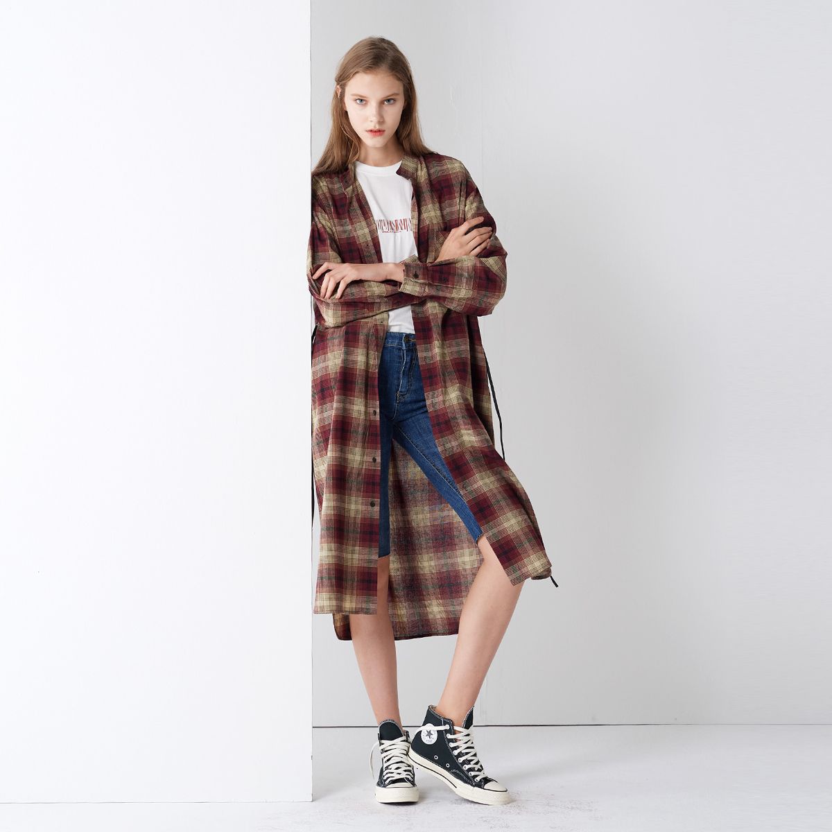 핀블랙(PINBLACK) COTTON CHECK SHIRTS ONE-PIECE WINE