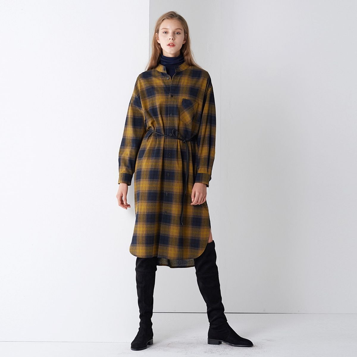 핀블랙(PINBLACK) COTTON CHECK SHIRTS ONE-PIECE NAVY