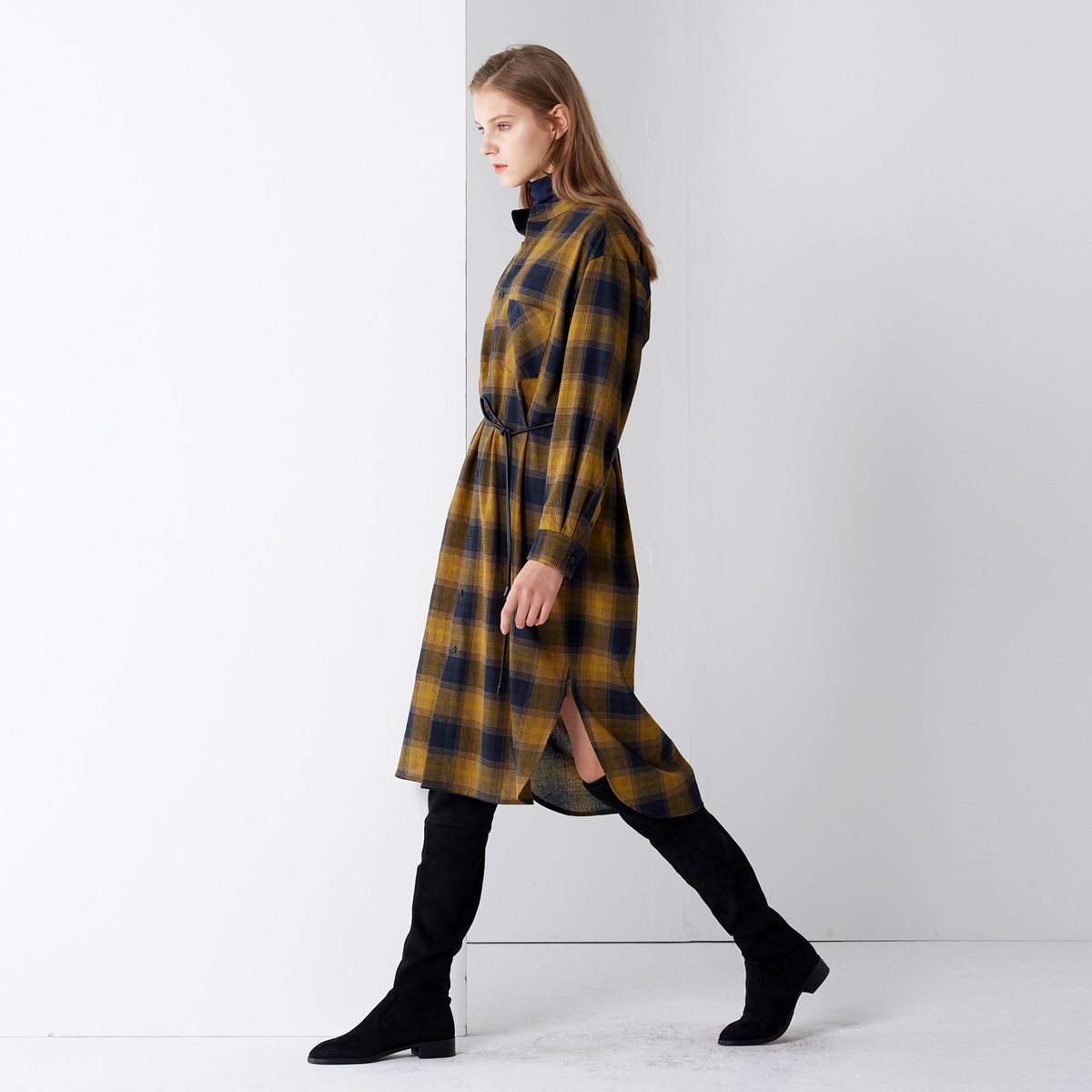 핀블랙(PINBLACK) COTTON CHECK SHIRTS ONE-PIECE NAVY