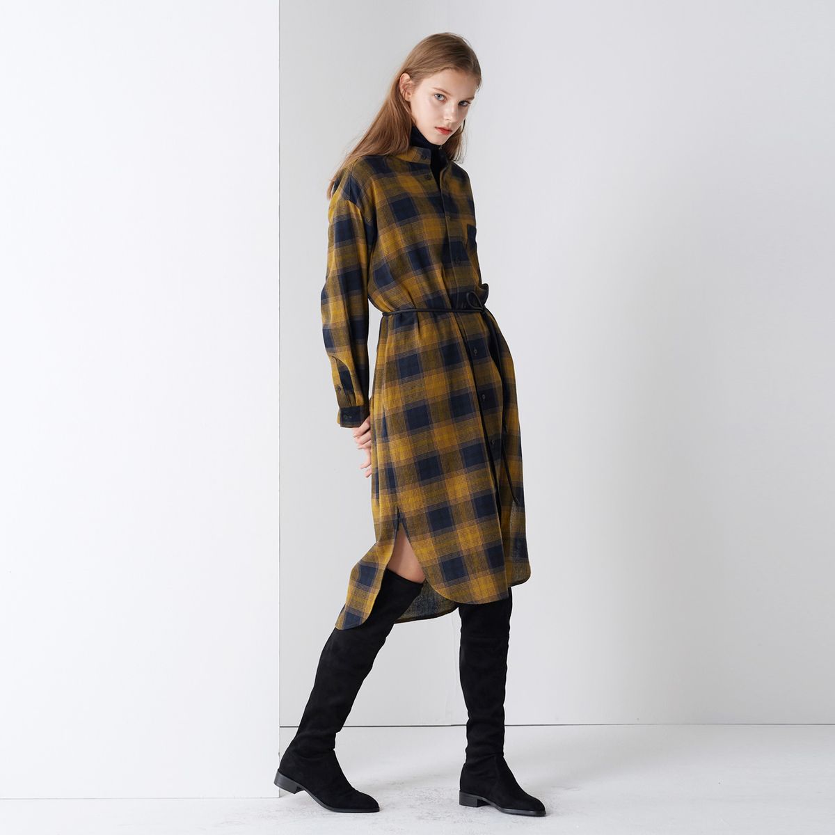 핀블랙(PINBLACK) COTTON CHECK SHIRTS ONE-PIECE NAVY