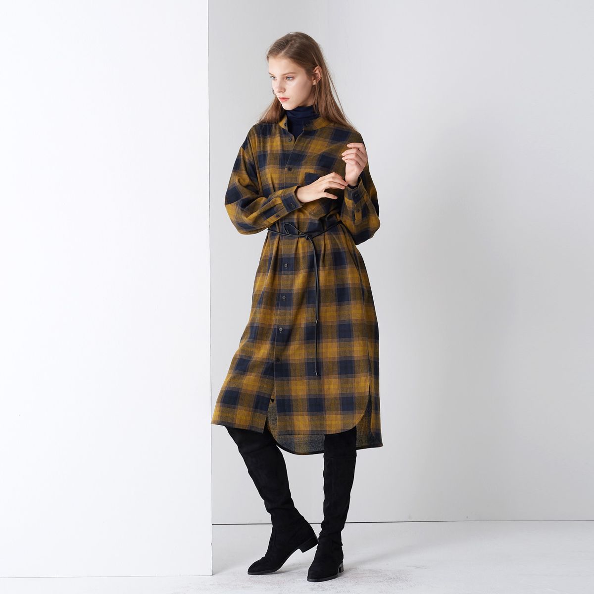 핀블랙(PINBLACK) COTTON CHECK SHIRTS ONE-PIECE NAVY