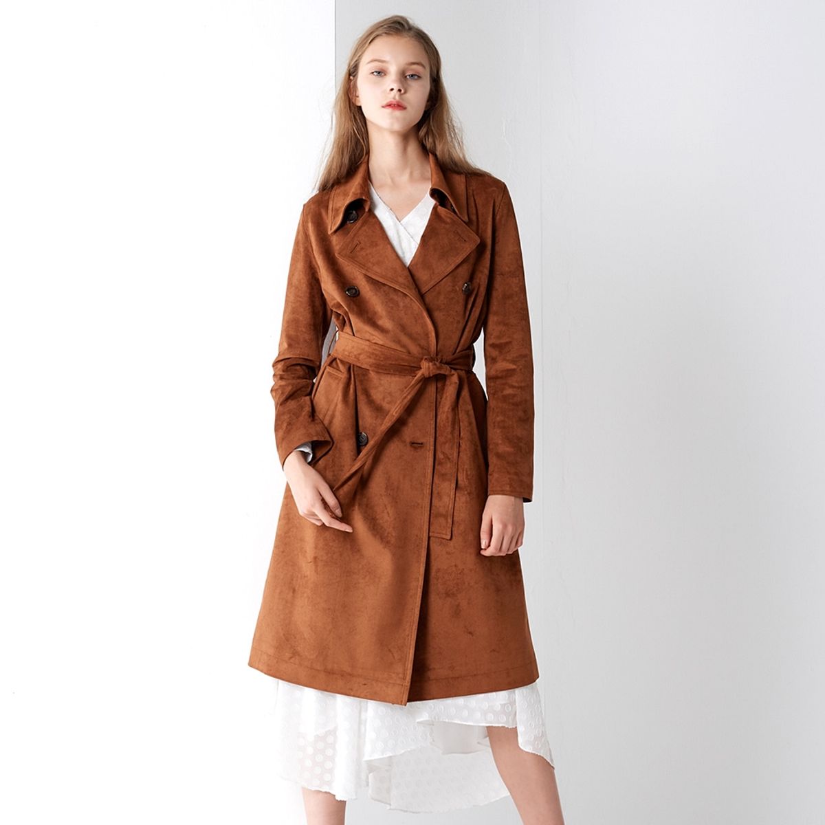 핀블랙(PINBLACK) SUEDE DOUBLE TRENCH COAT BROWN