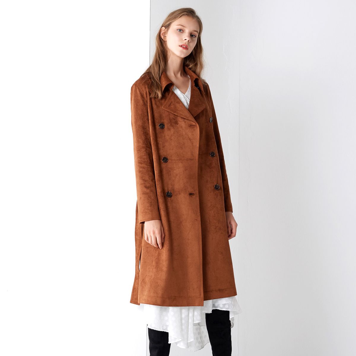 핀블랙(PINBLACK) SUEDE DOUBLE TRENCH COAT BROWN
