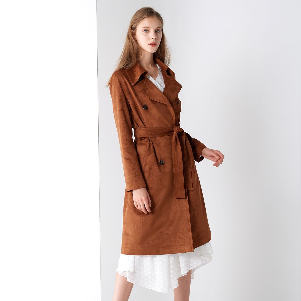 핀블랙(PINBLACK) SUEDE DOUBLE TRENCH COAT BROWN